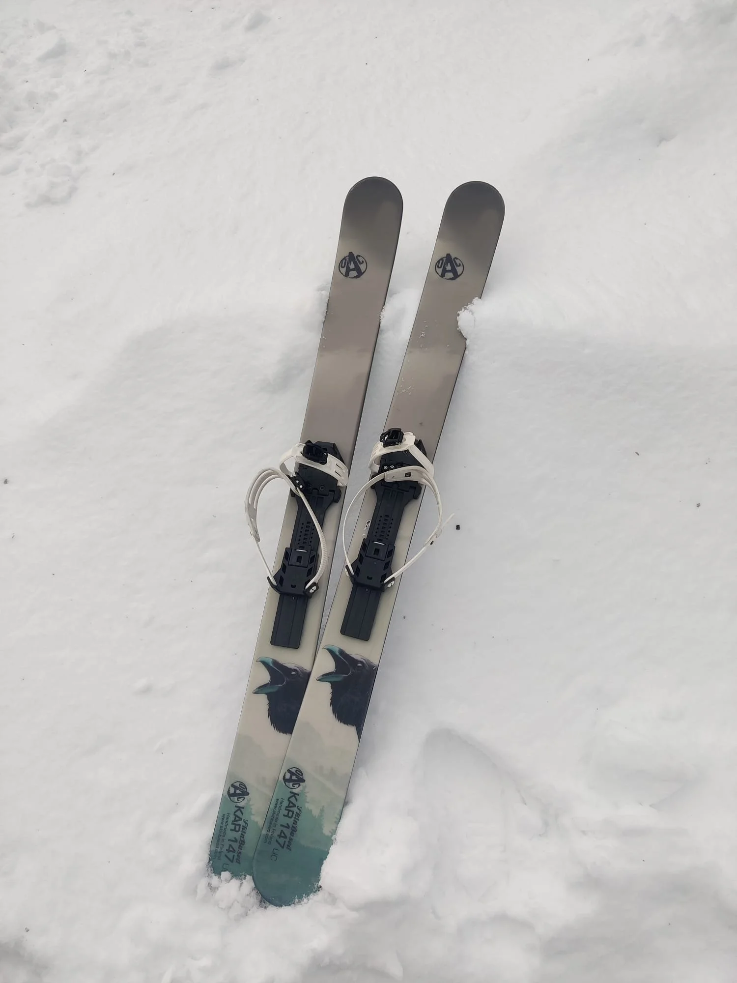 A pair of skis with black, white, and blue graphics lying on fresh snow.