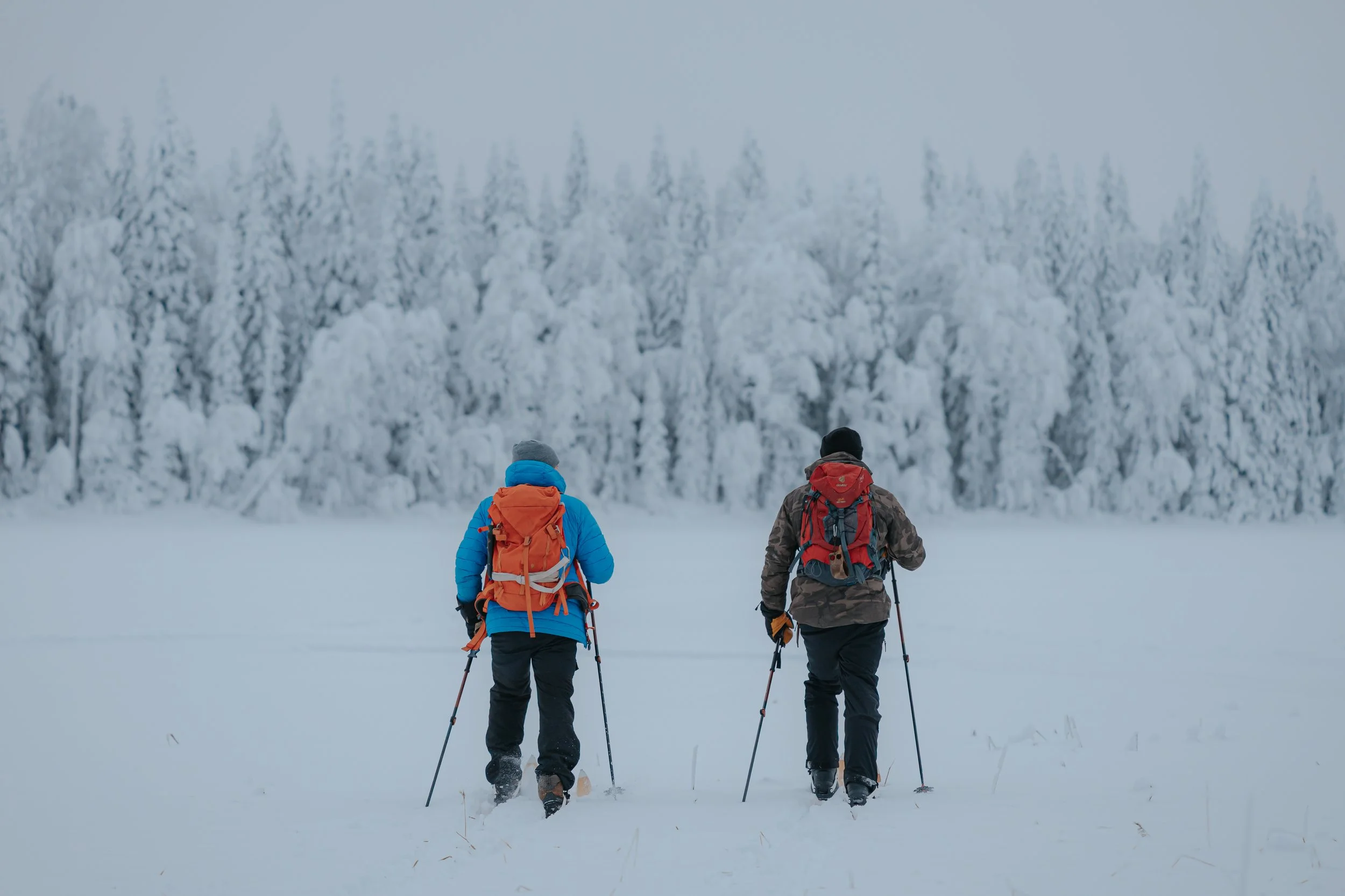 Two people dressed in winter outdoor gear walking in a snowy landscape with snow-covered trees in the background.