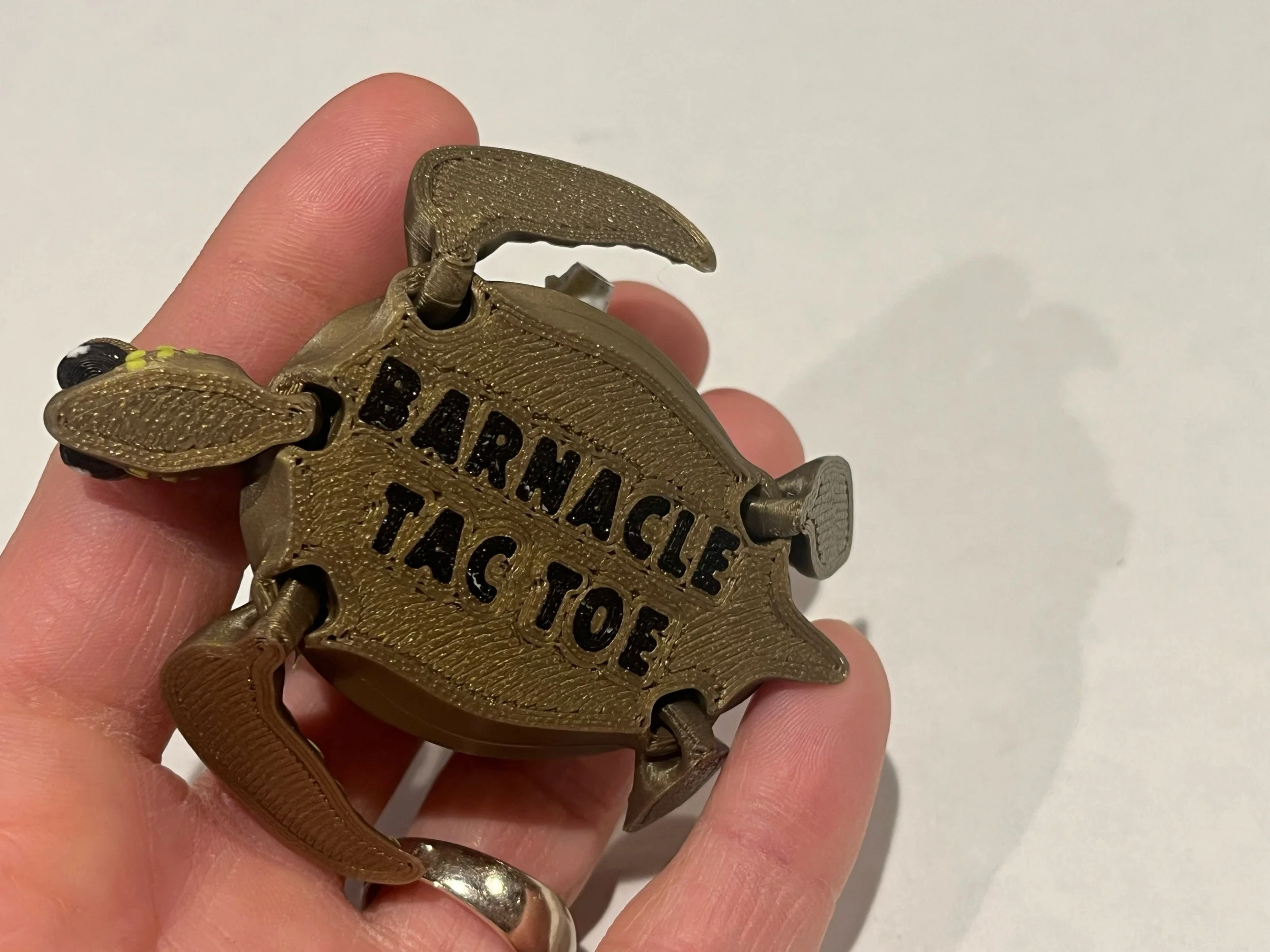 Underside of Sea Turtle reads "BARNACLE Tac Toe" in black.