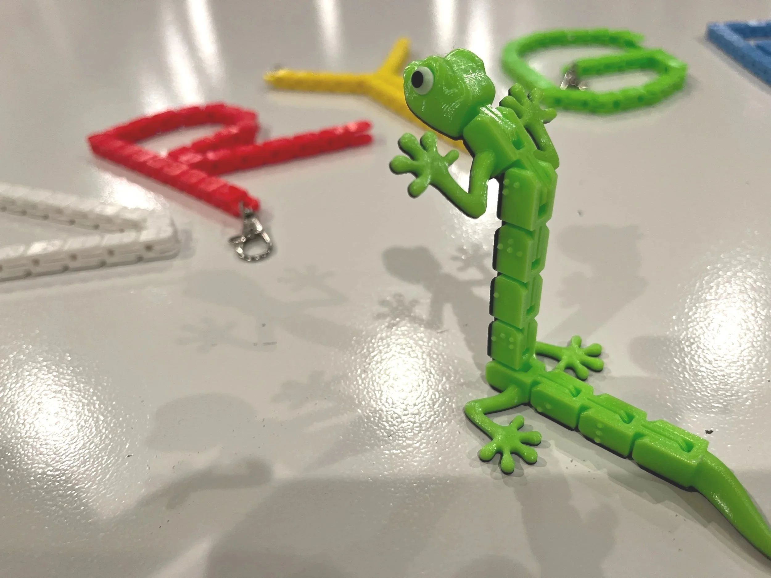 Green lizard standing on back legs, overlooking the different colored fidgets laid on out the table.
