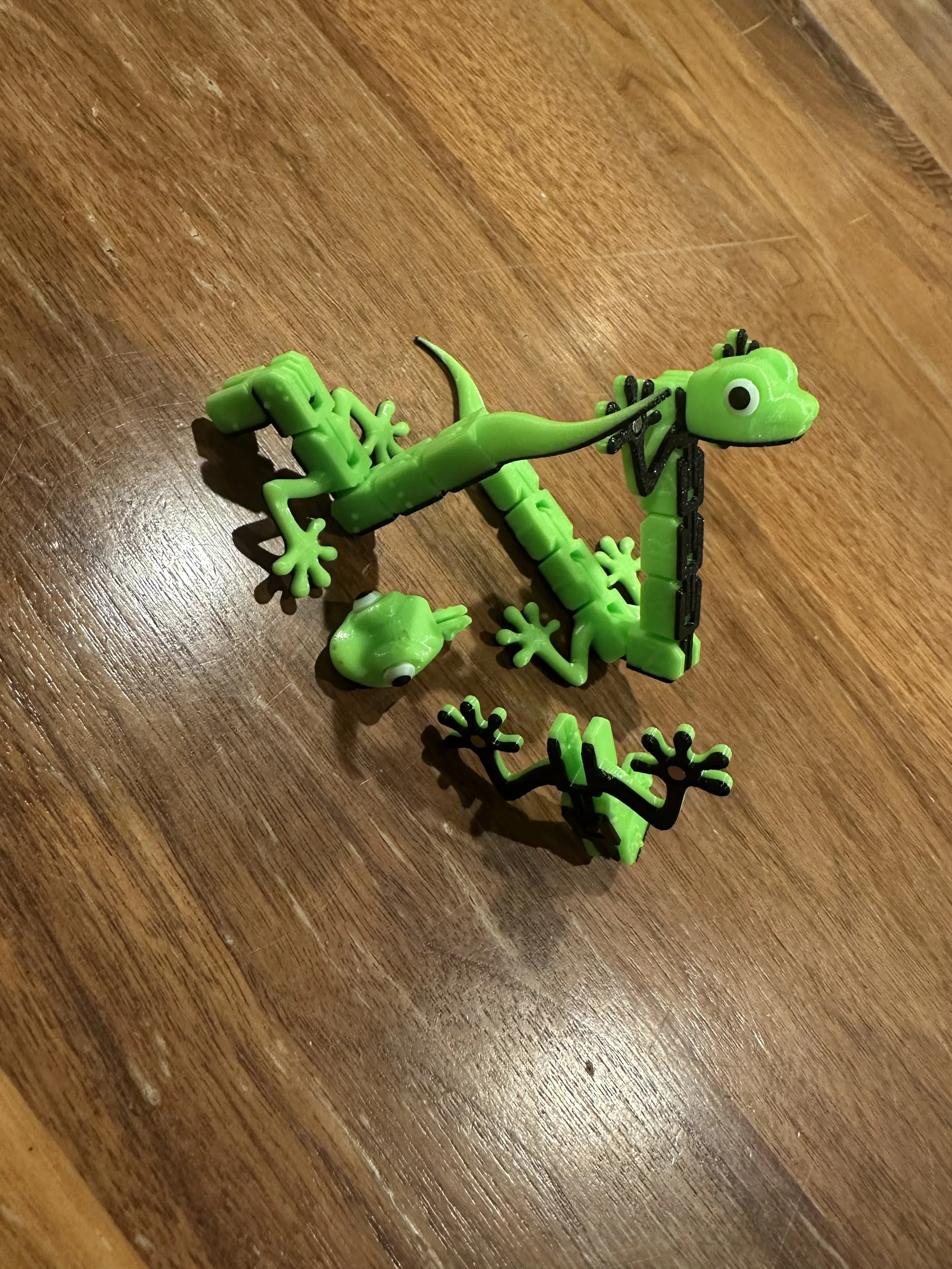 2 lizards shown on a wooden table, one deconstructed.. Each is positioned into a zigzag shape, with one tail sticking up and one head sticking up..