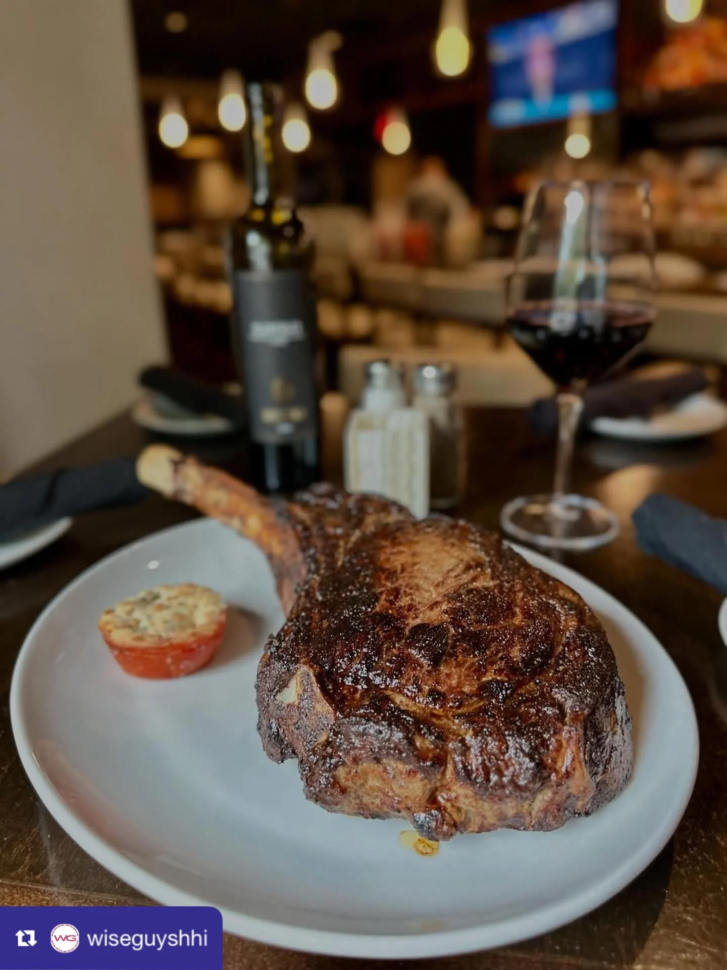 from @wiseguyshhi: Indulge in our 32oz Prime Cowboy Ribeye, hand-selected from the renowned Four Sixes Ranch&mdash; where heritage meets excellence. 
A masterfully marbled cut, flame-seared and rested to perfection. This is not just a steak&mdash; it