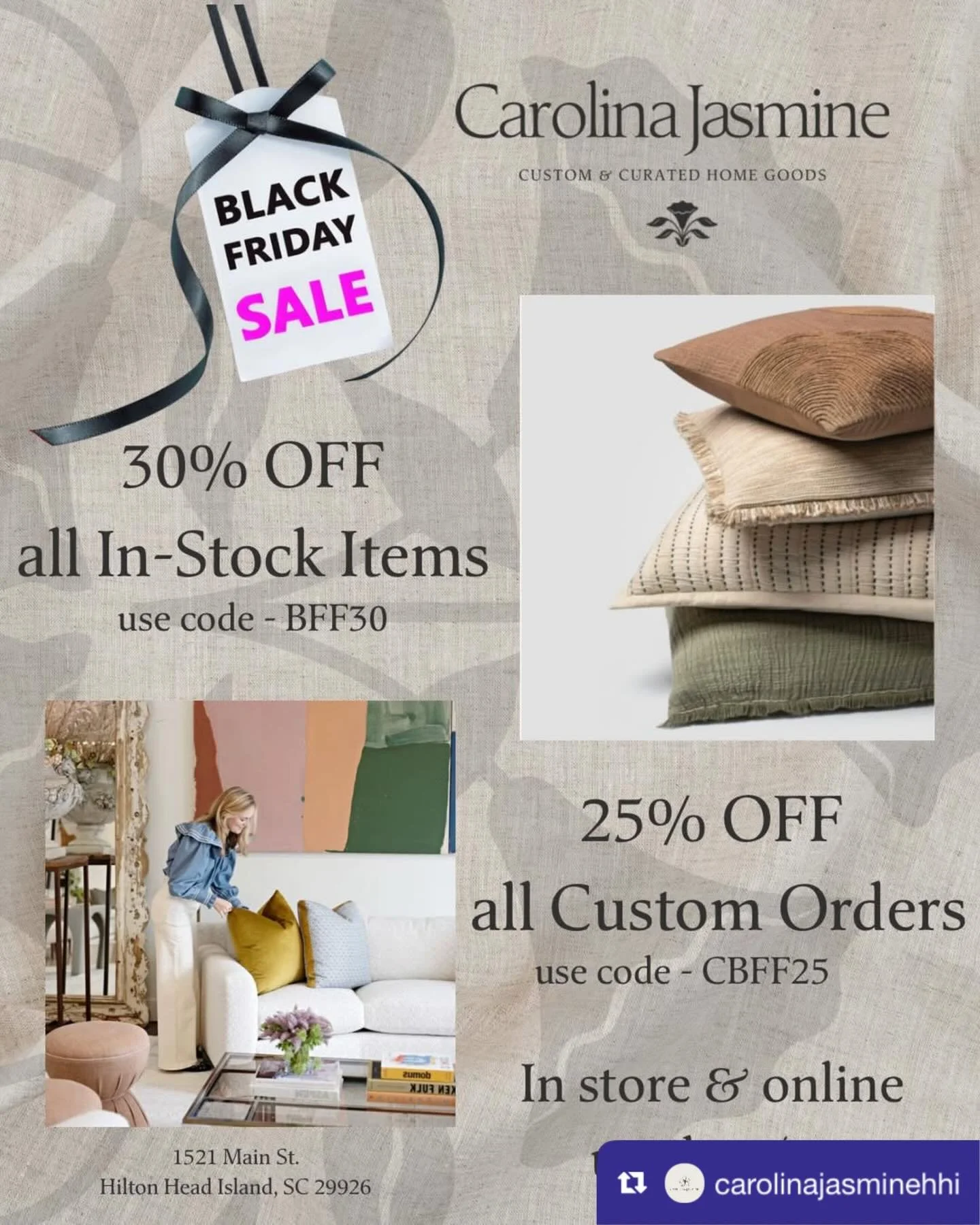 from @carolinajasminehhi: 
Black Friday savings are here✨
 Enjoy 30% off in-stock pieces + 25% off custom orders.
Create your dream space for less!
.
.
.
#carolinajasminehhi #carolinajasmine #blackfriday #hhi #bluffton shoplocalsc cozyseason