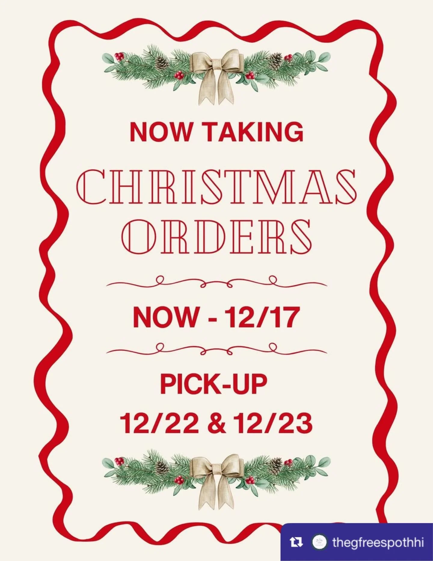From @thegfreespothhi: It&rsquo;s time to get your holiday goodies reserved! Our gluten-free Christmas favorites are now available for pre-order &mdash; perfect for gifting, hosting, or making Santa a little jealous. 😉

🎁 Limited quantities
🍪 GF p