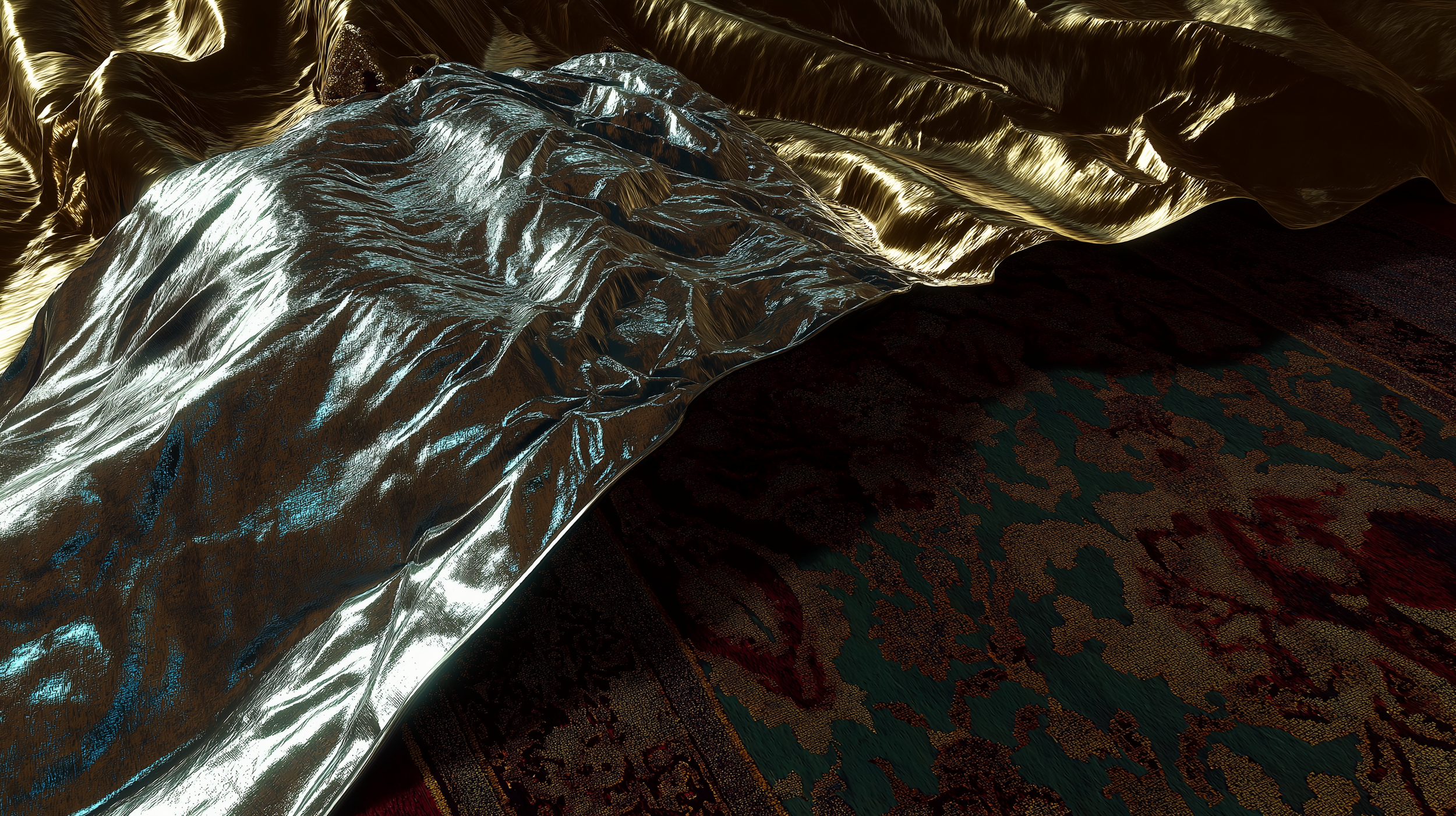 Surface de couverture en plastique brillant et tapis à motifs colorés.