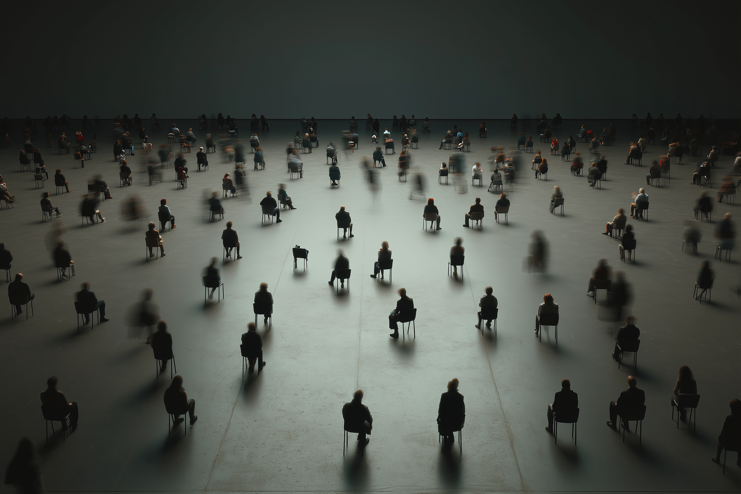 Une grande salle avec de nombreux sièges à distance sociale, occupés par des personnes dont beaucoup sont floues, soulignant l'atmosphère de distanciation.