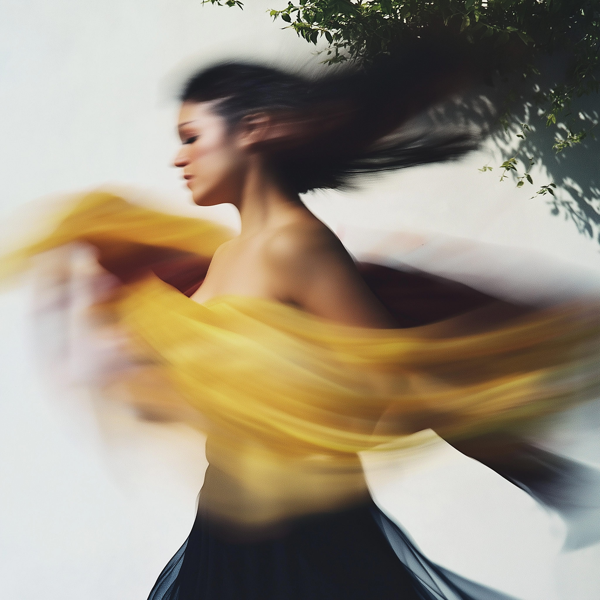Femme en mouvement avec cheveux longs et vêtements jaunes, floue et dynamique