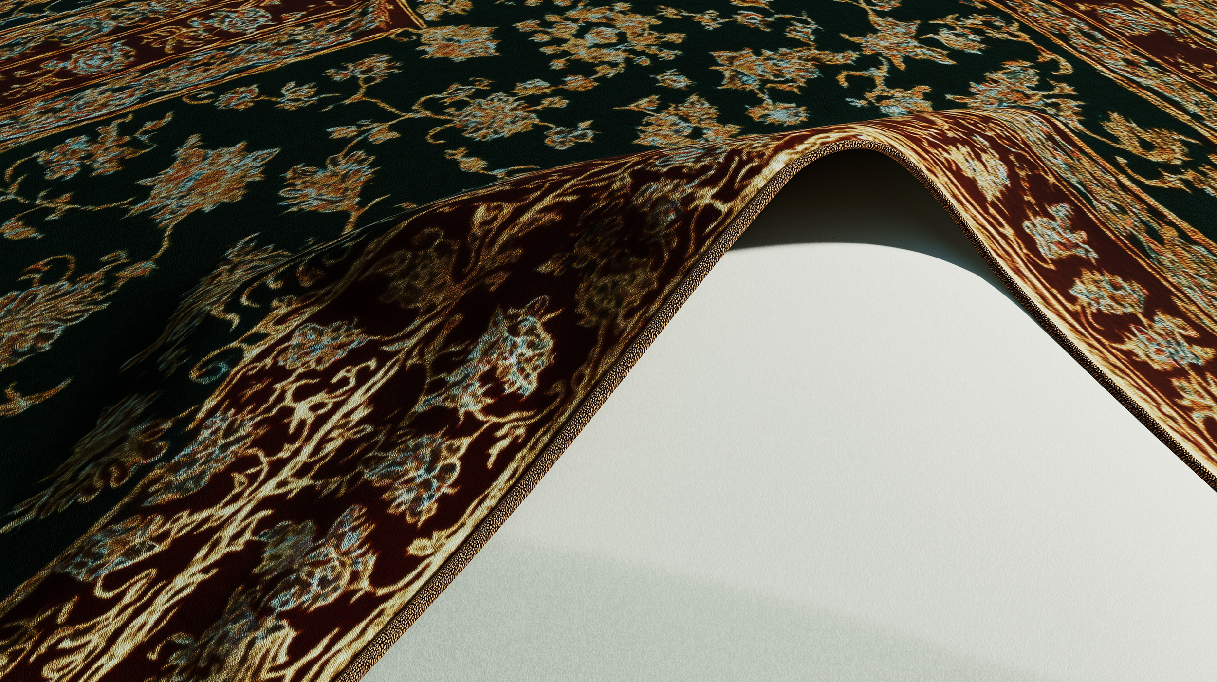 Un tapis à motifs floraux déployé avec une partie enroulée sur un fond blanc.