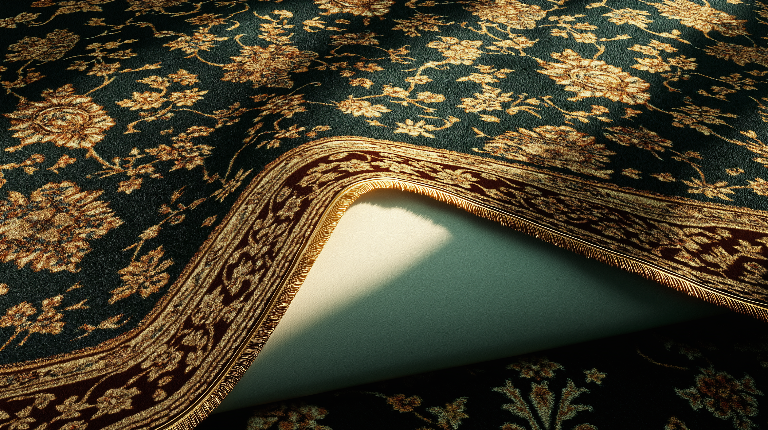 Détail d'un tapis oriental avec un motif floral dense en couleurs beige et marron sur fond vert foncé, avec un bord orné de franges et un tapis partiellement retourné montrant la face arrière en couleur beige clair.