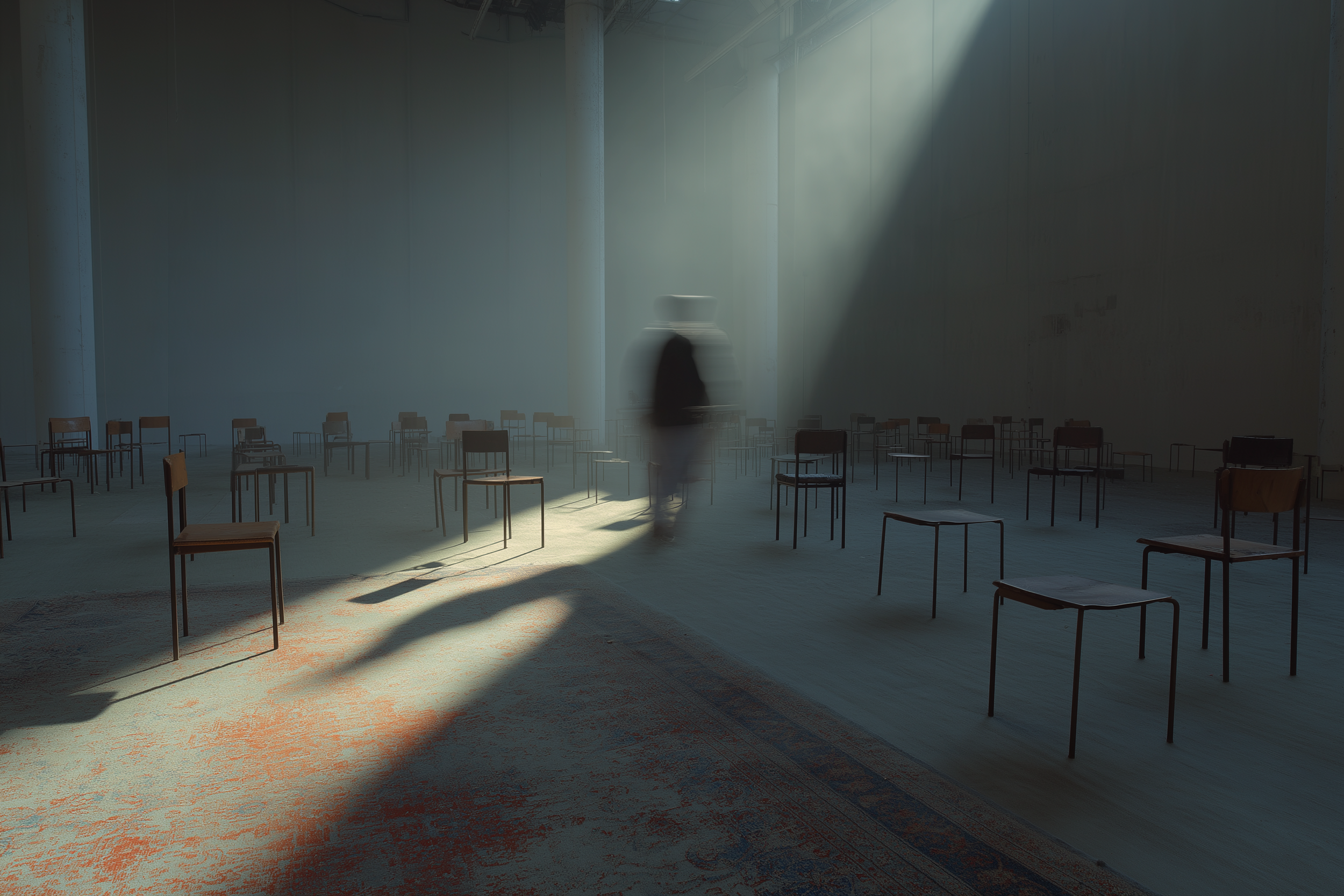 Une salle vide avec plusieurs chaises et une personne floue au centre, éclairée par la lumière naturelle pénétrant par une ouverture.