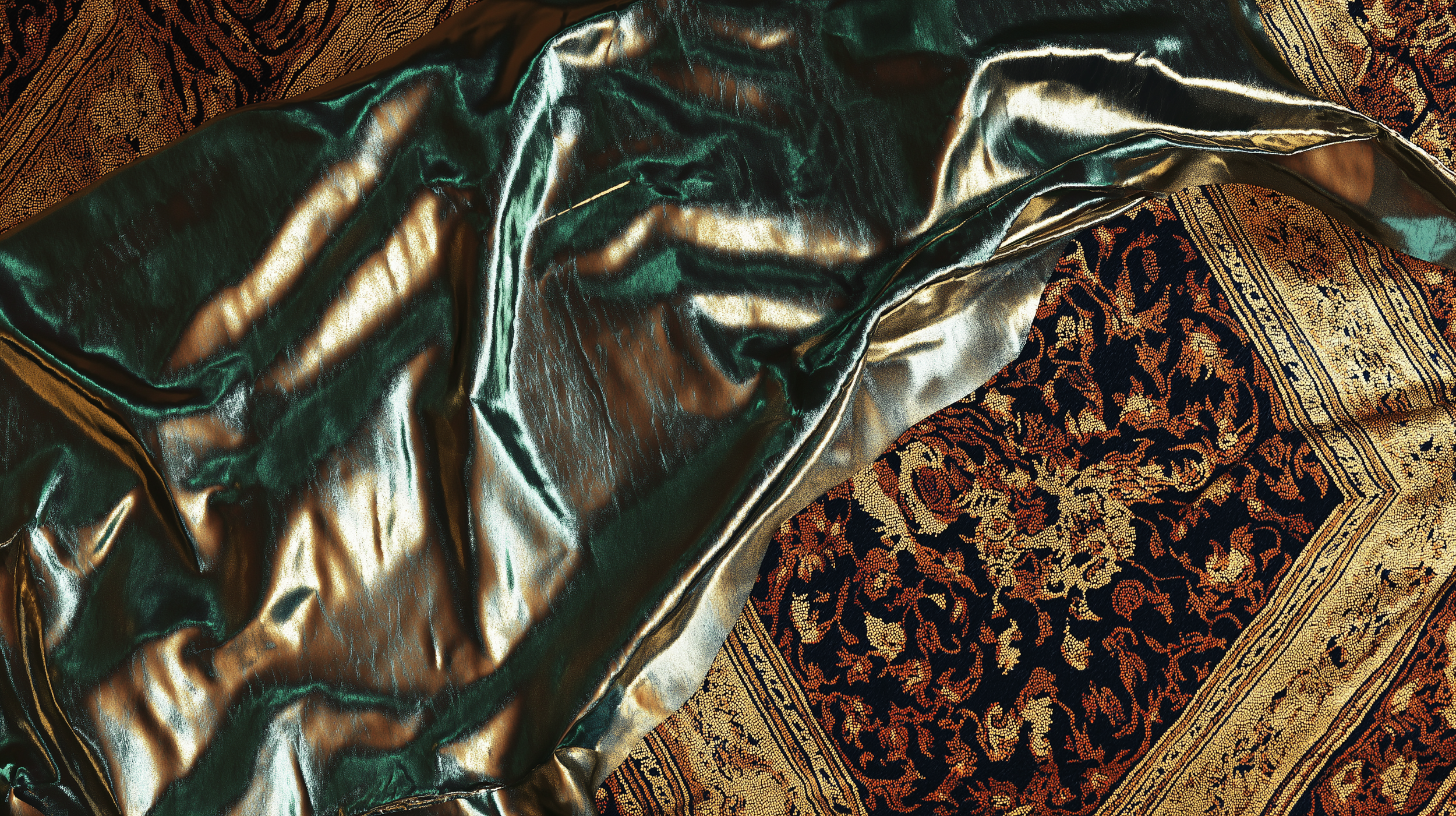 Un tissu en velours vert avec une autre pièce de tissu à motifs en or et rouge.