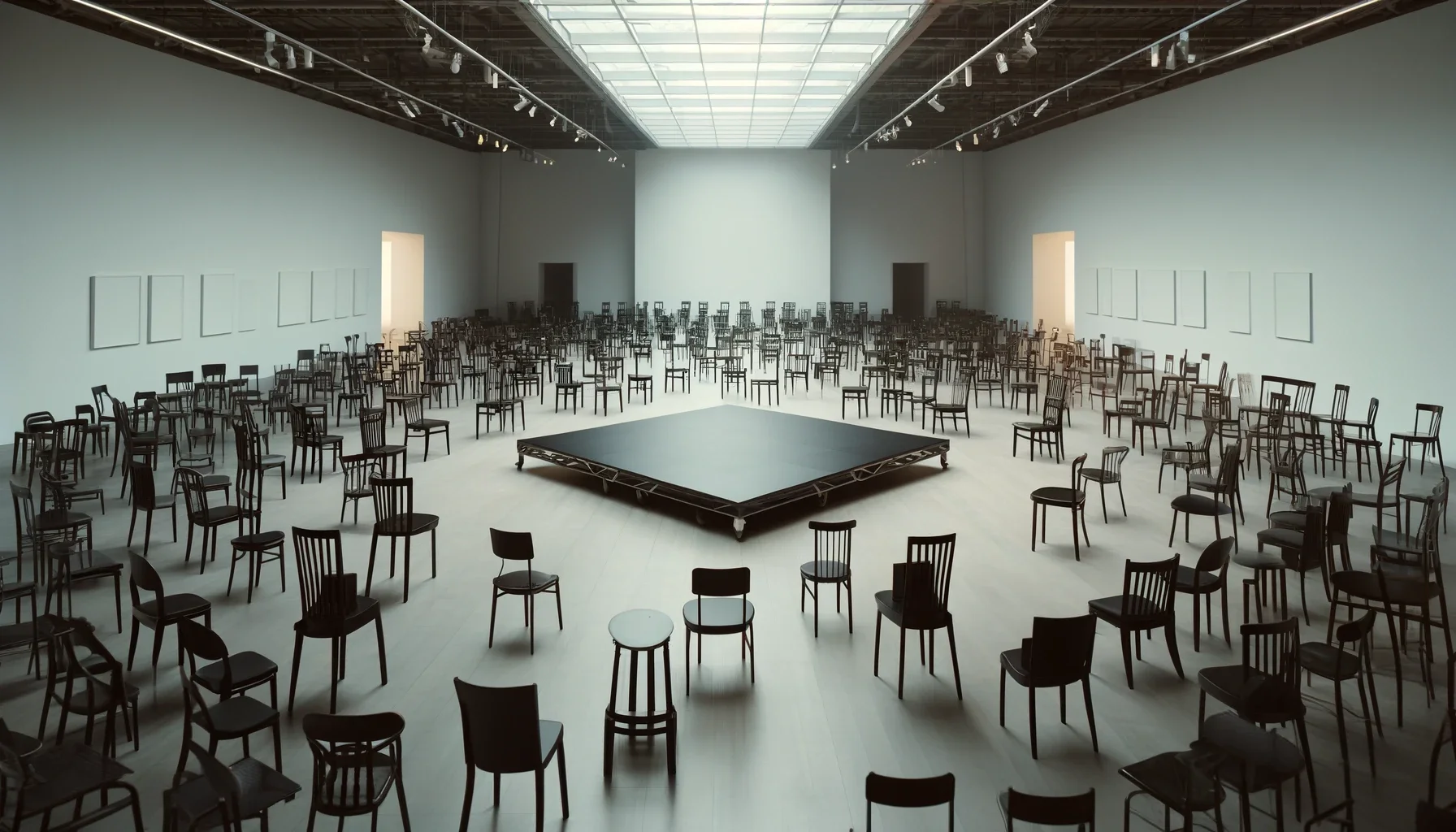 Salle d'événement avec de nombreuses chaises en bois disposées autour d'une petite scène au centre, murs blancs, plafond avec éclairage suspendu, fenêtres laissant passer la lumière