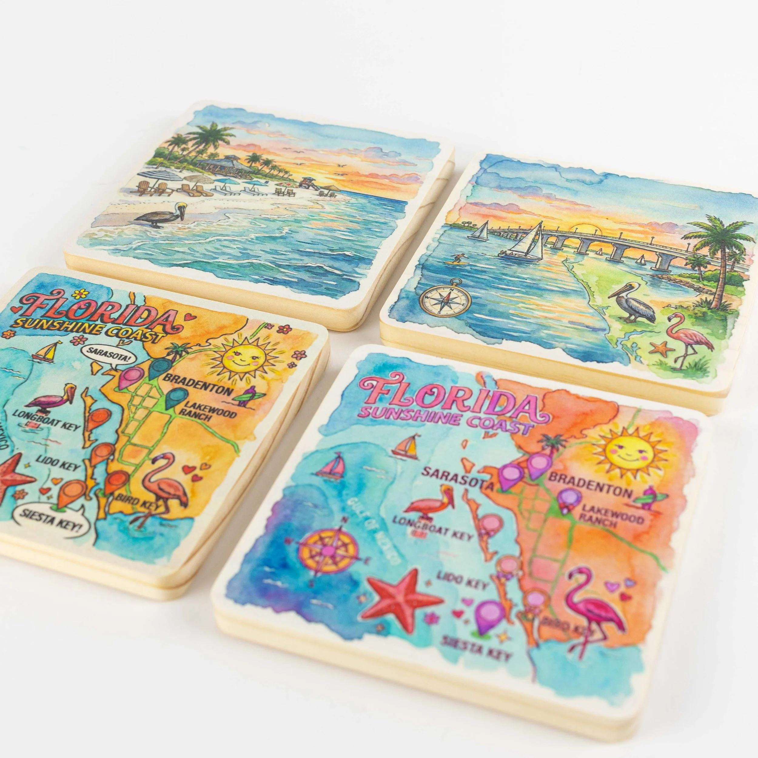 Set of colorful Florida-themed coasters featuring beach scenes, palm trees, sailboats, and a map of Florida's Sunshine Coast with landmarks like Sarasota and Lakewood Ranch.