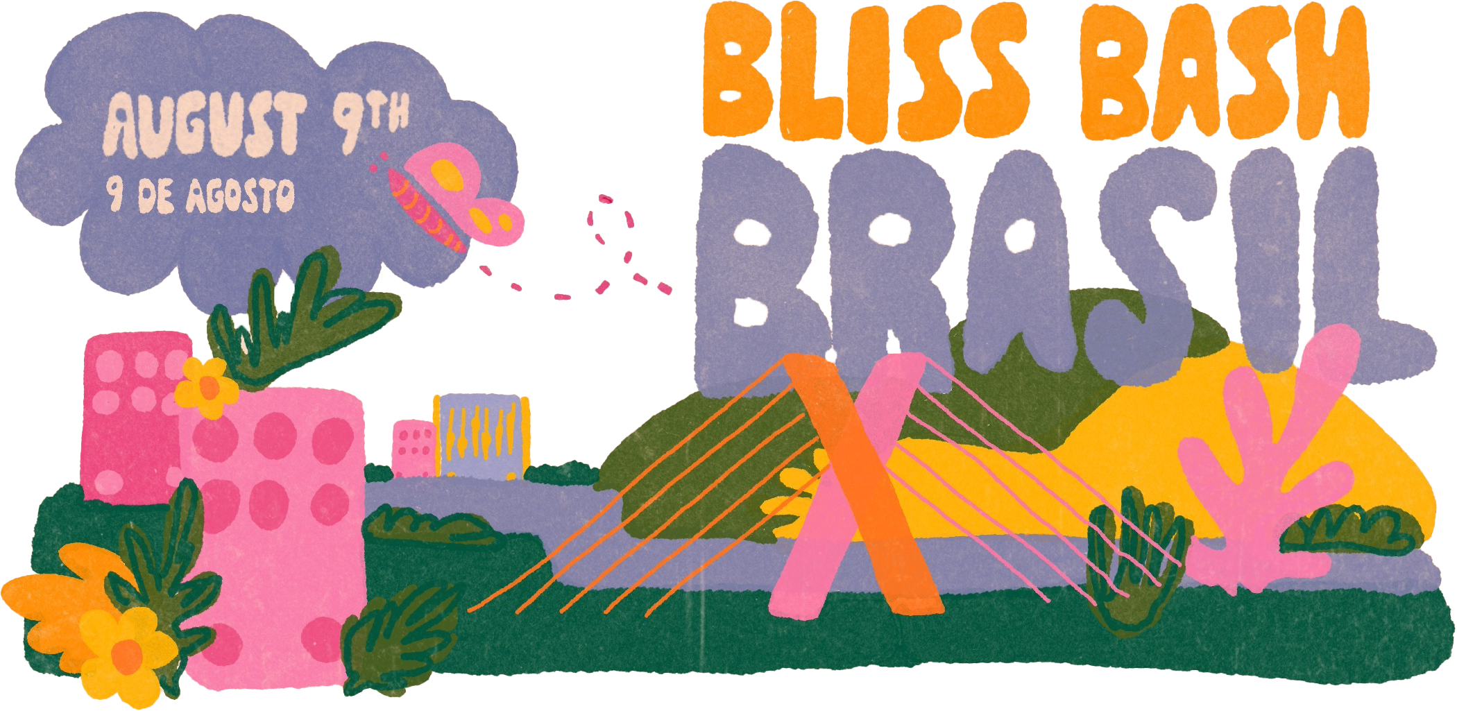 Bliss Bash Brasil - August 9th : Illustration of Saõ Paulo with tropical colors and pedals in the city. Bliss Bash Brasil – 9 de agosto: Ilustração de São Paulo com cores tropicais e pétalas pela cidade.