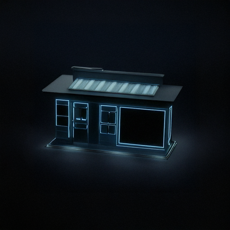 Model of a house outlined with blue neon lights, showing a front door, several windows, and a slanted roof.