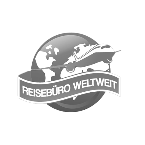 Logo featuring a globe with a plane flying around it and a ribbon banner that reads 'REISEBÜRO WELTWEIT' in German.
