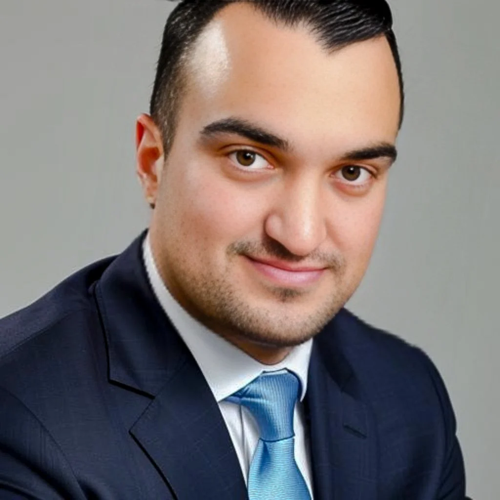 Man in a suit with a blue tie, smiling.