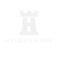 A logo featuring a stylized white castle tower on a black background with the word 'HELDENWERK' beneath it.
