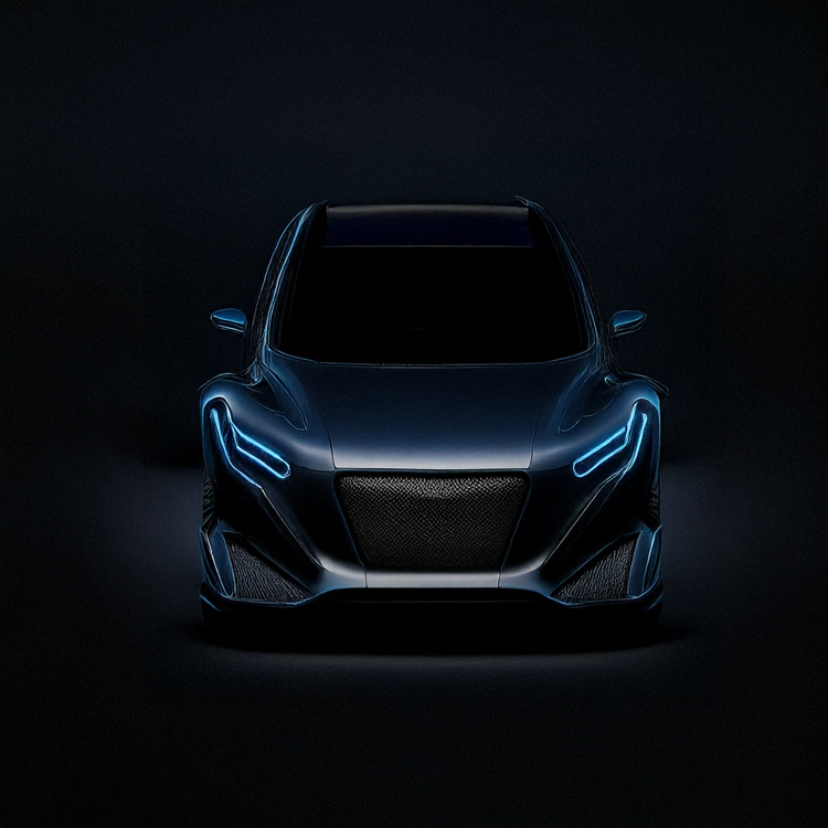 Dark-colored modern sports car with sleek design and blue accent lights, shown in a dark studio setting.
