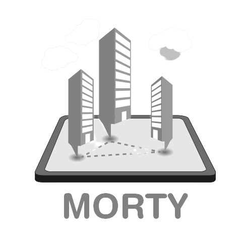 Illustration of three tall buildings on a tablet screen with clouds in the background and the word 'MORTY' at the bottom.