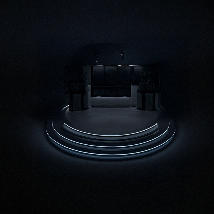 A dark stage with three illuminated steps leading up to a platform with a black backdrop and two microphones hanging from the ceiling.