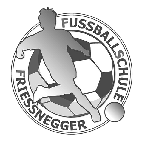 Logo of a soccer school with a silhouette of a player kicking a soccer ball and the text "FUSSBALLSCHULE FRIESSNEGGER". The player is overlaid on a soccer ball.