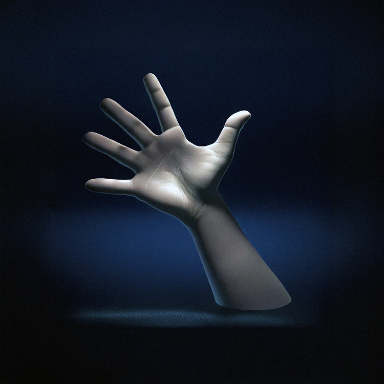 A human hand reaching upward with fingers spread apart, emerging from a dark background.