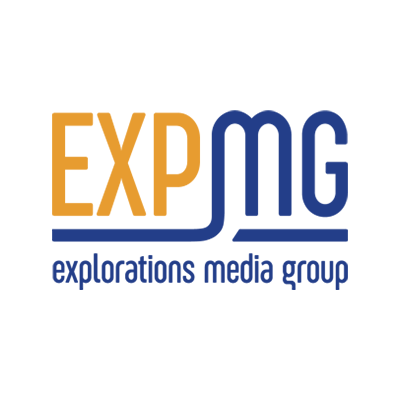 Logo of Explorations Media Group with the text "EXPMG" and a stylized line underneath, with the tagline "explorations media group" underneath.