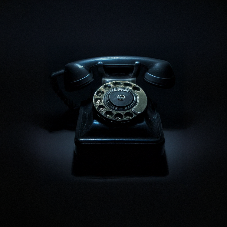 An old-fashioned rotary dial telephone on a dark surface with a dark background.