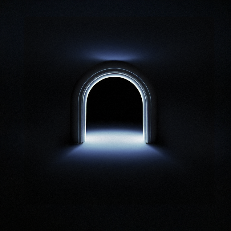 Dark room with illuminated arched doorway emitting a soft glow.