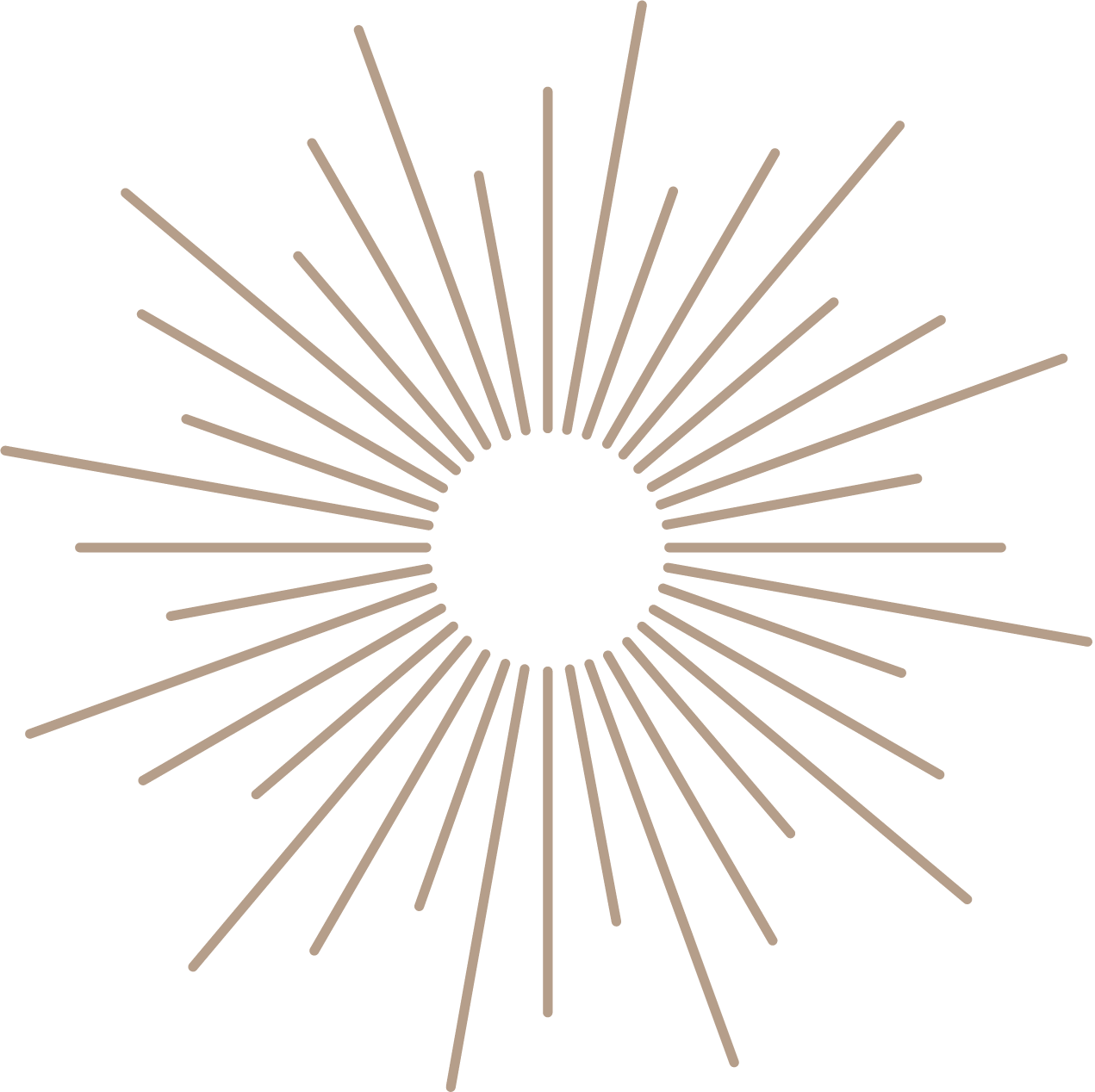 Stylized sunburst with a black circle in the center and beige lines radiating outward against a black background.