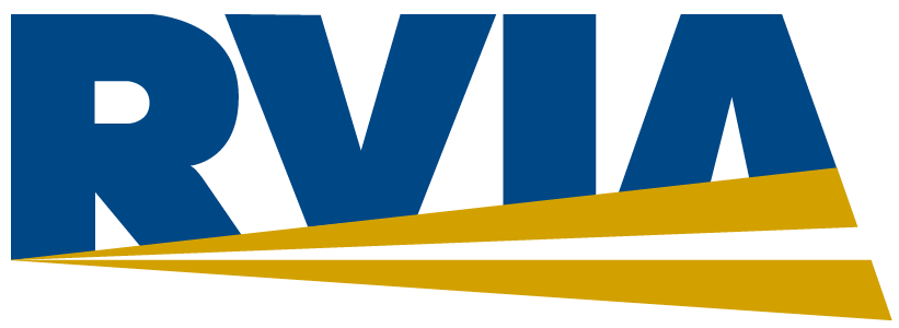 RVA logo with navy blue letters and two yellow diagonal lines underneath.