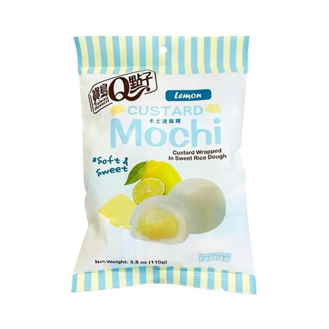 Packaging of lemon flavored custard Mochi with a picture of lemon and mochi balls on white background.