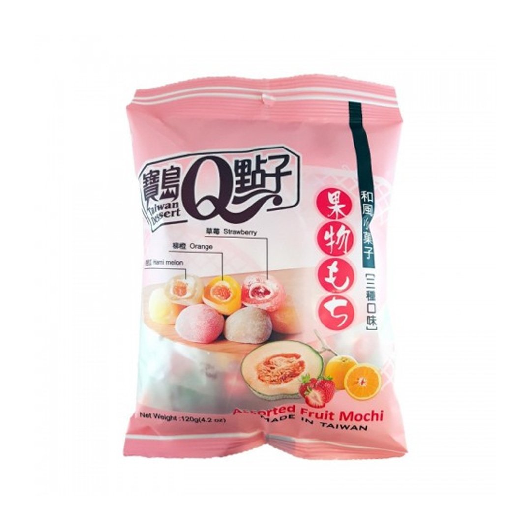 Pink packaging of Taiwan dessert assorted fruit mochi, featuring images of strawberries, oranges, and cantaloupe, with text indicating flavors and net weight.