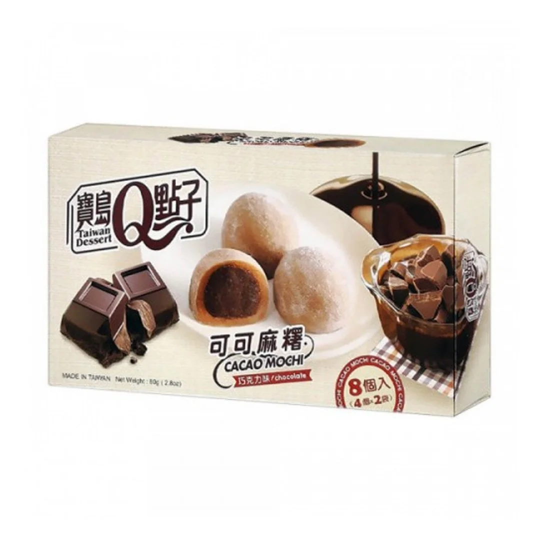 Box of Taiwan Cacao Mochi with chocolate and ice cream flavors, featuring images of mochi desserts and chocolate pieces on packaging.