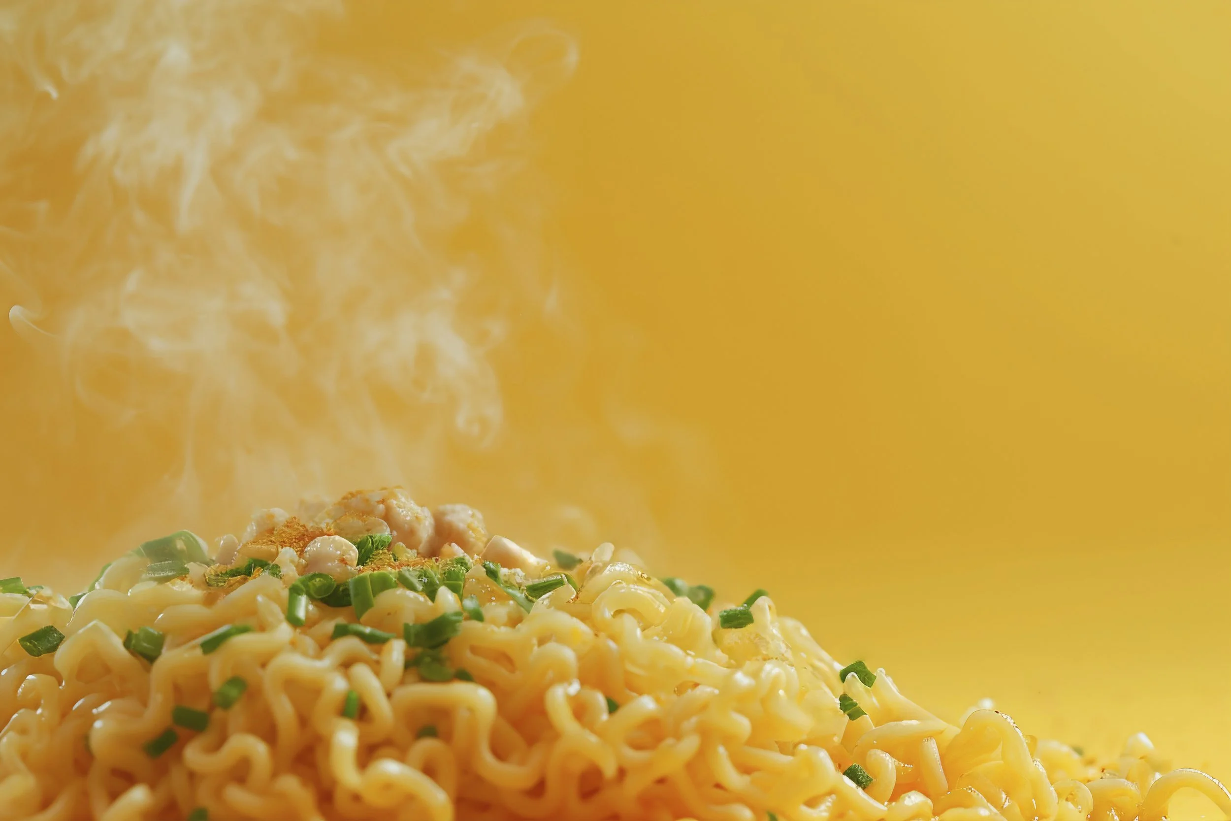 Steaming bowl of instant noodles garnished with chopped green onions, with a vibrant yellow background