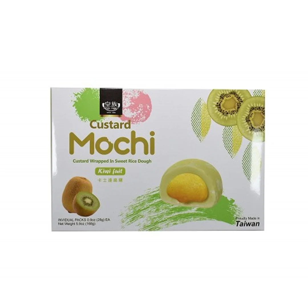Box of custard mochi with kiwi fruit flavor, showing an image of a mochi with yellow custard filling and a sliced kiwi fruit, and kiwi images on the packaging, made in Taiwan.