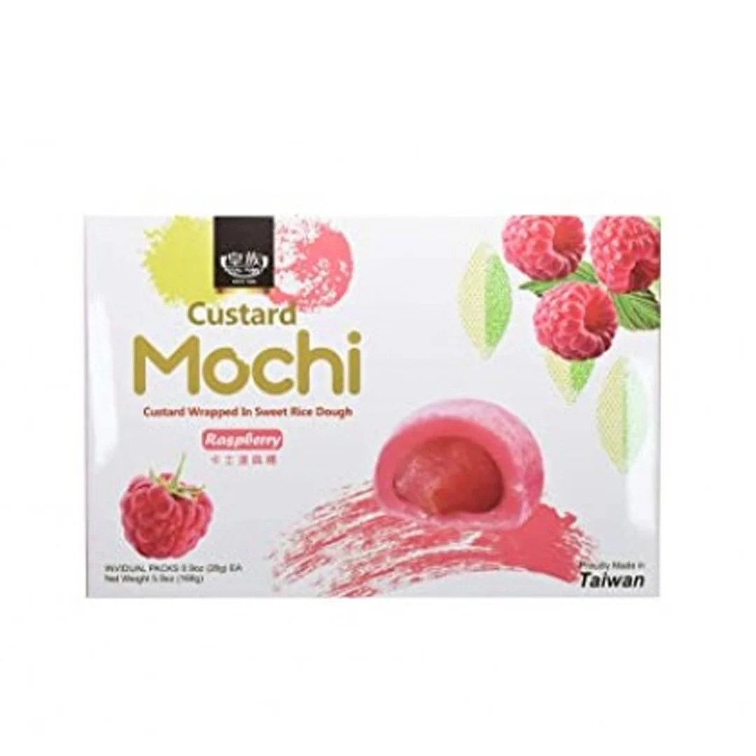 Package of custard mochi with raspberry flavor, featuring images of raspberries and a pink mochi dessert on the front, manufactured in Taiwan.
