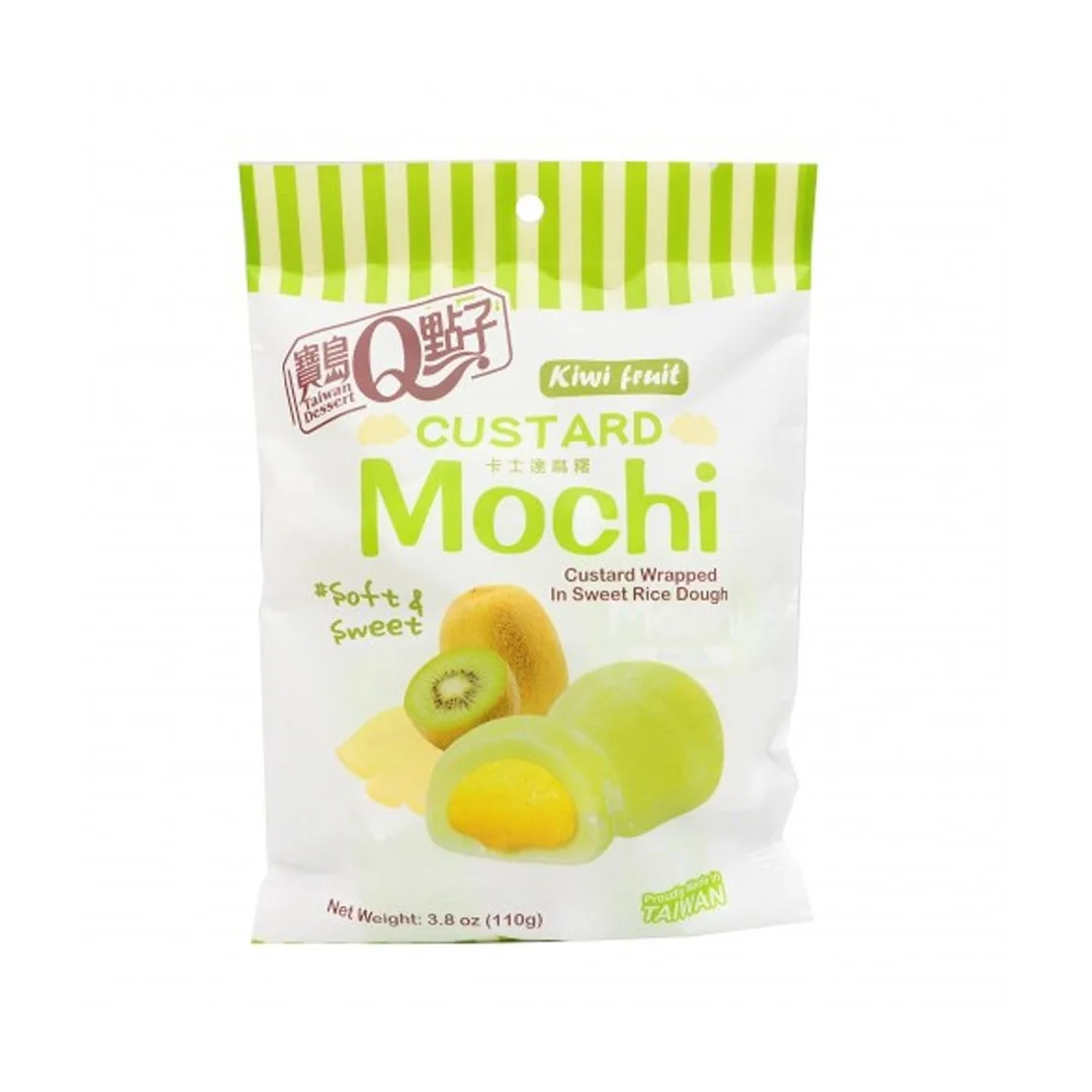 Packaging of Kiwi fruit custard mochi, a Taiwan dessert with custard wrapped in sweet rice dough, featuring images of kiwi fruit and mochi on the front.