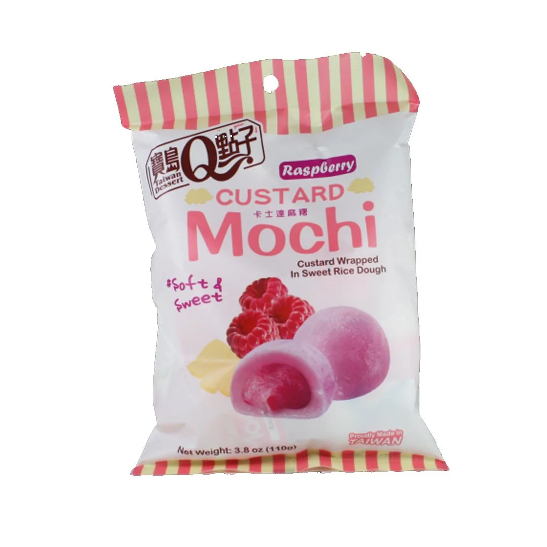 Package of raspberry custard mochi with raspberry and custard filling, labeled as soft and sweet.