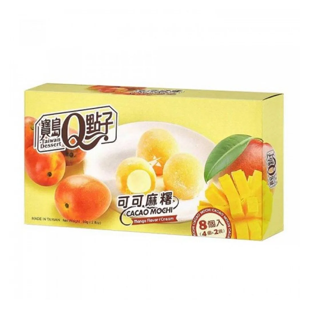 Box of Taiwanese Cacao Mochi with mango flavor, featuring images of mangoes and mochi balls on the packaging.