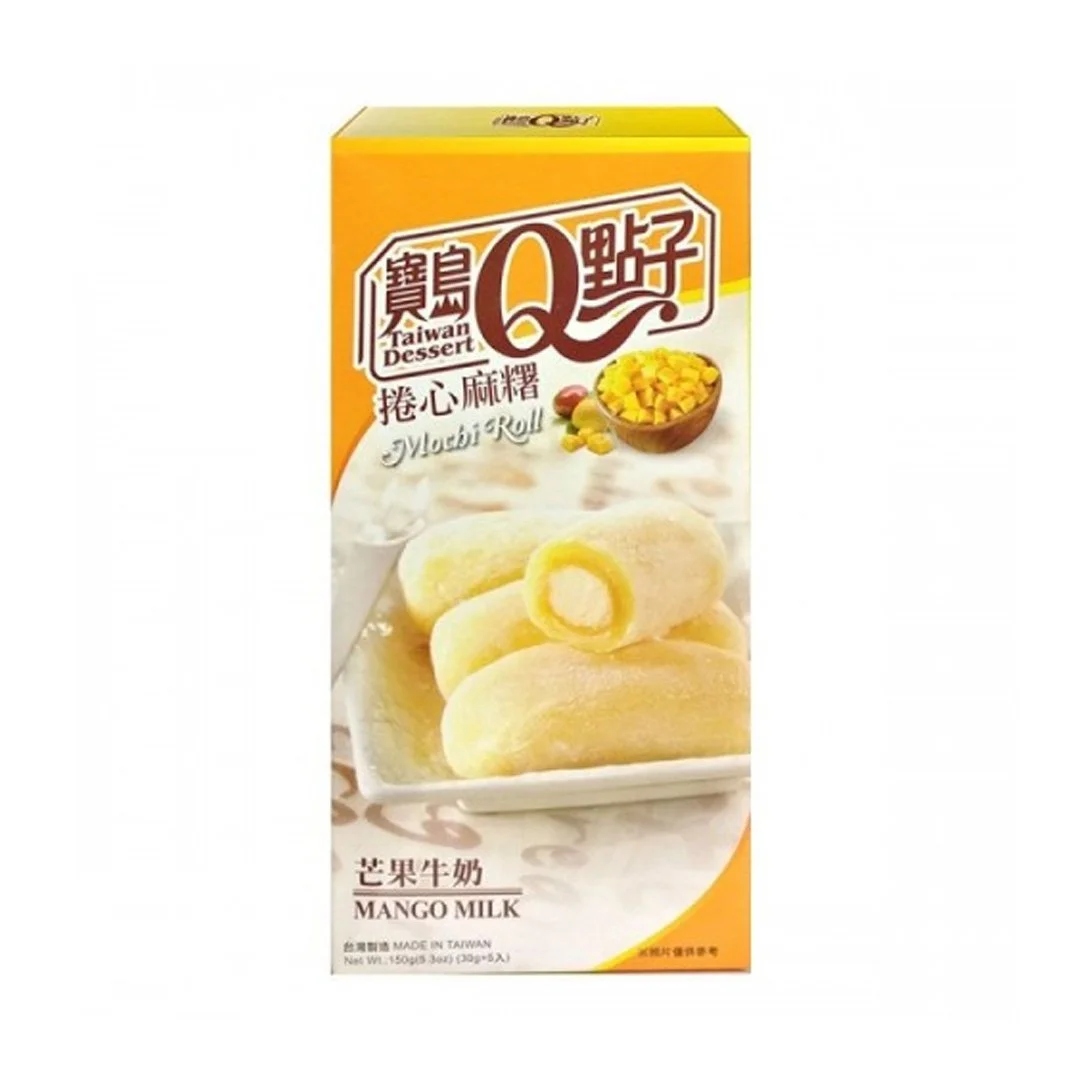 Box of Taiwan dessert Mango Milk Mochi Rolls with an image of three mochi rolls and a bowl of diced mango on the packaging.