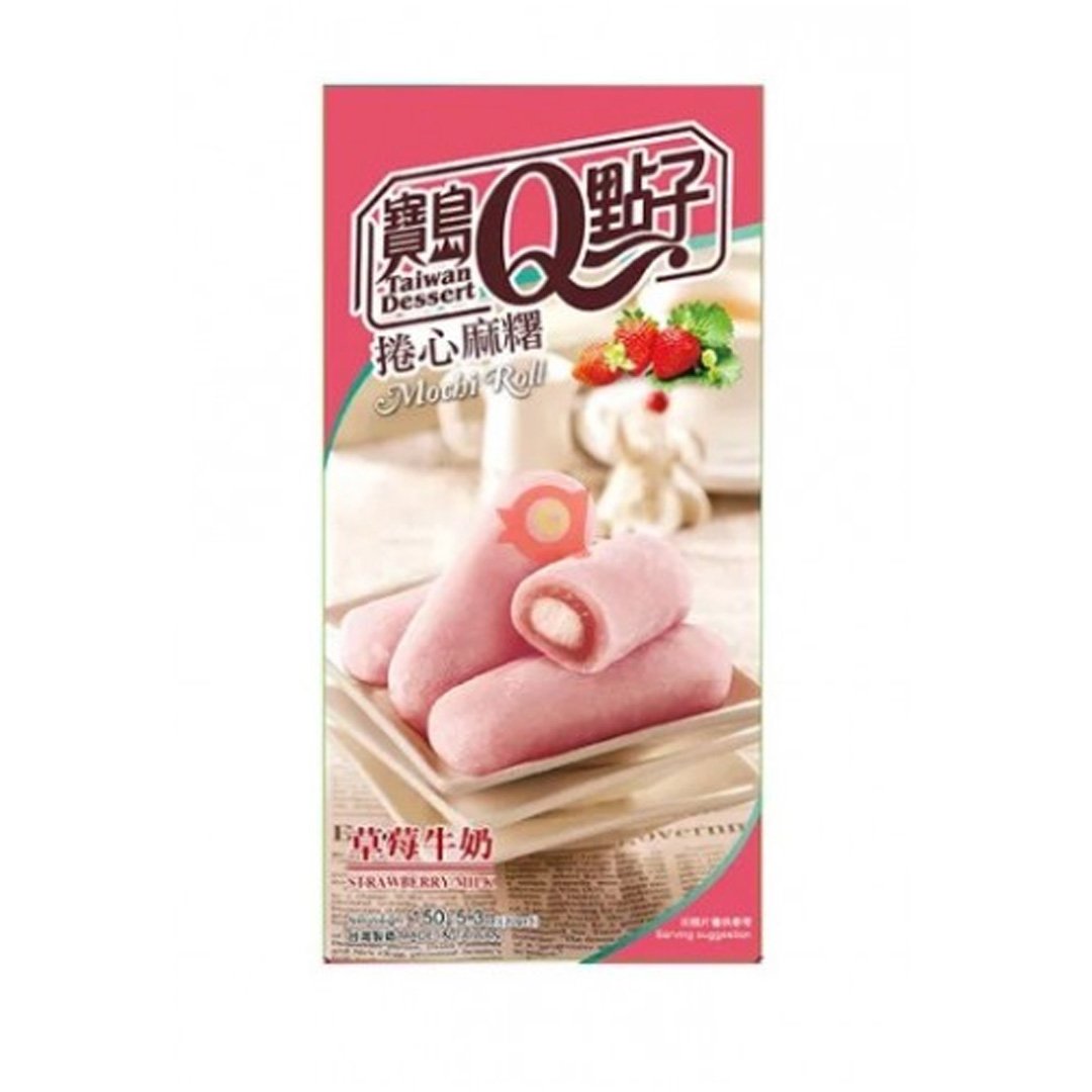 Pink strawberry-flavored mochi rolls with a white filling on a white dish