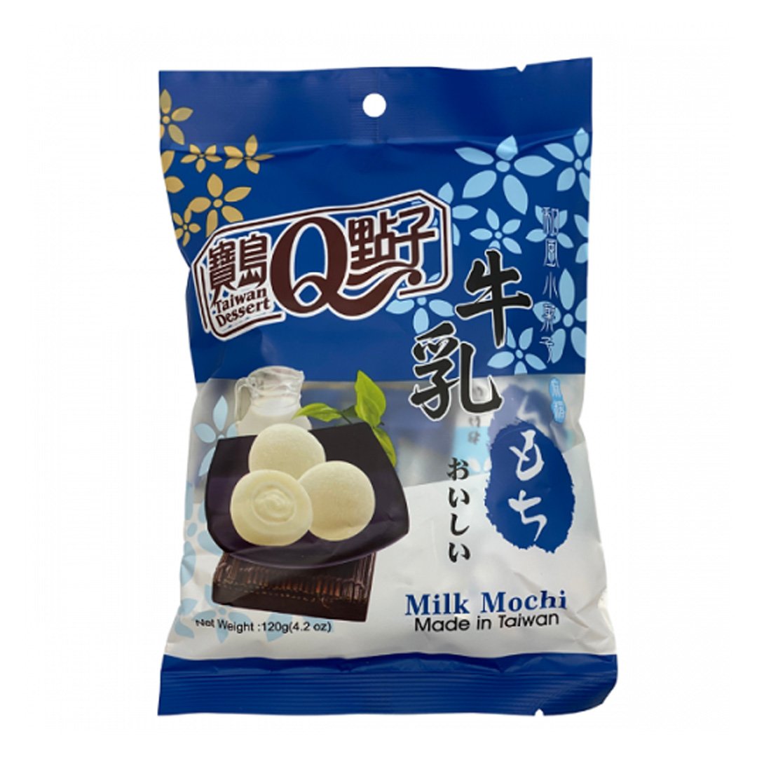 Blue and white packaging of Taiwanese milk mochi, with an image of three white mochi balls and a small pitcher of milk.