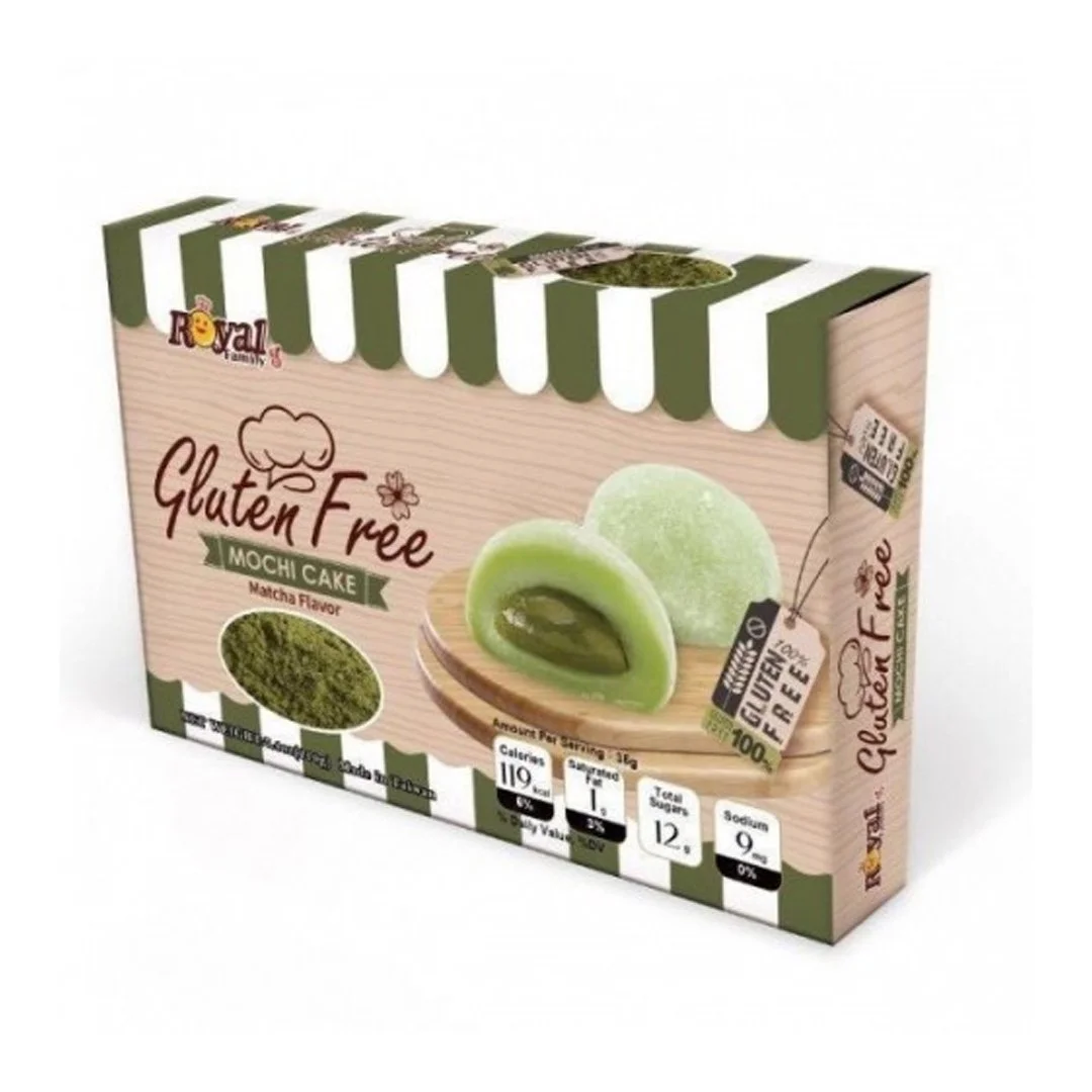 Box of gluten-free matcha-flavored mochi cake with green and white striped packaging and an image of a green mochi cake on the front.
