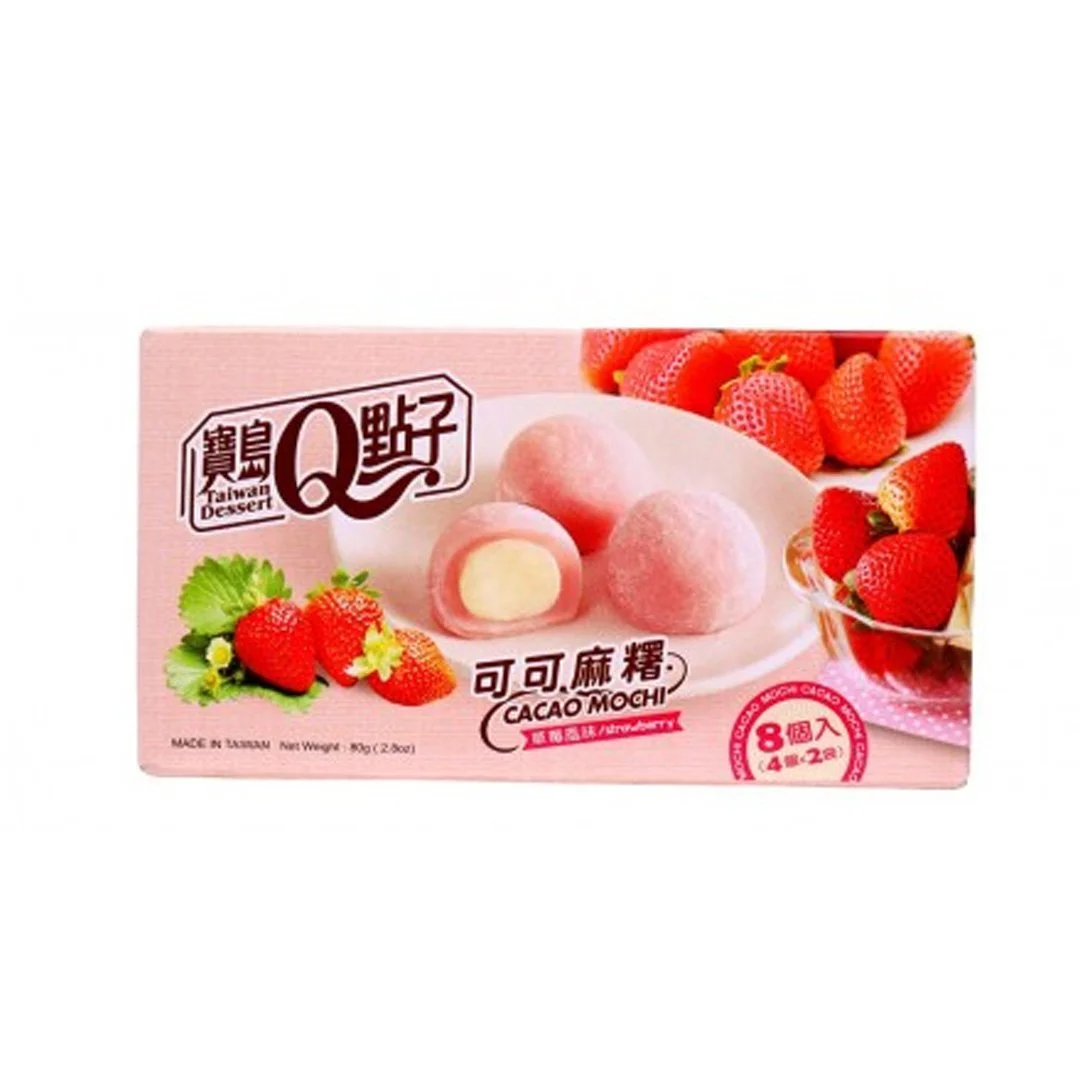 Box of Taiwan dessert Cacao Mochi with strawberries, showing three mochi pieces and strawberries in a bowl on the packaging.
