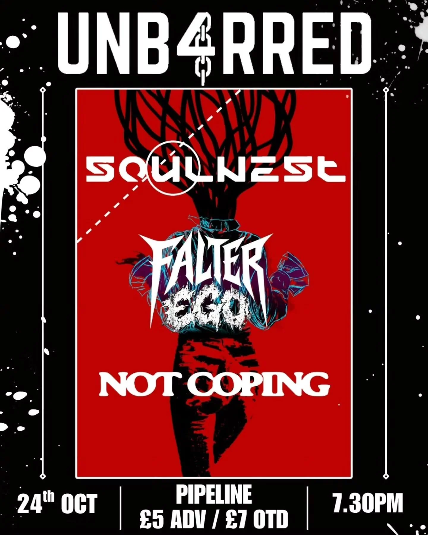 Hey! We're back at The Pipeline tonight with @unb4rred @soulnestband and @falteregoband filling in for pals Not Coping (Get well soon Jordan!)

If you're around why don't you pop down, grab a drink, have a boogie, play some pinball, nod your head, ta