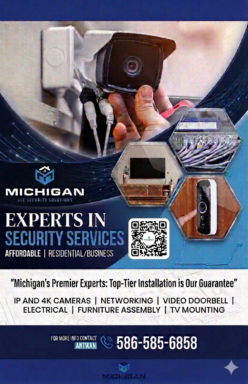 Advertisement for Michigan ACE Security Solutions showing images of security cameras, a living room, and a surveillance device, along with contact information and services offered.