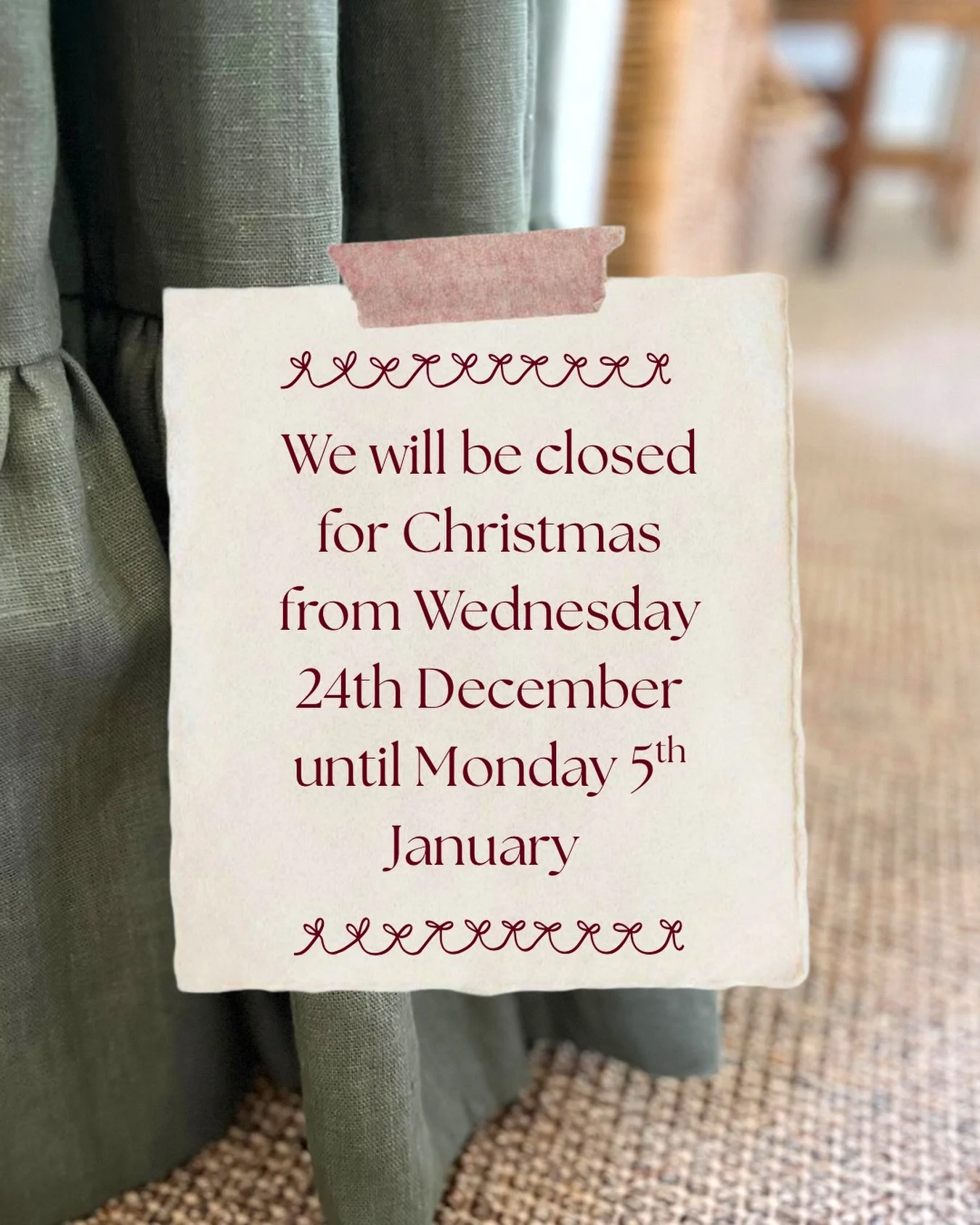 🎄 Christmas Hours 2025 🎄

Lisa Dawson Interiors will be closing for our Christmas break on Wednesday 24th December 2025 and reopening on Monday 5th January 2026🎅🏼

This means we are still open until 5pm on Tuesday 23rd December for all your inter