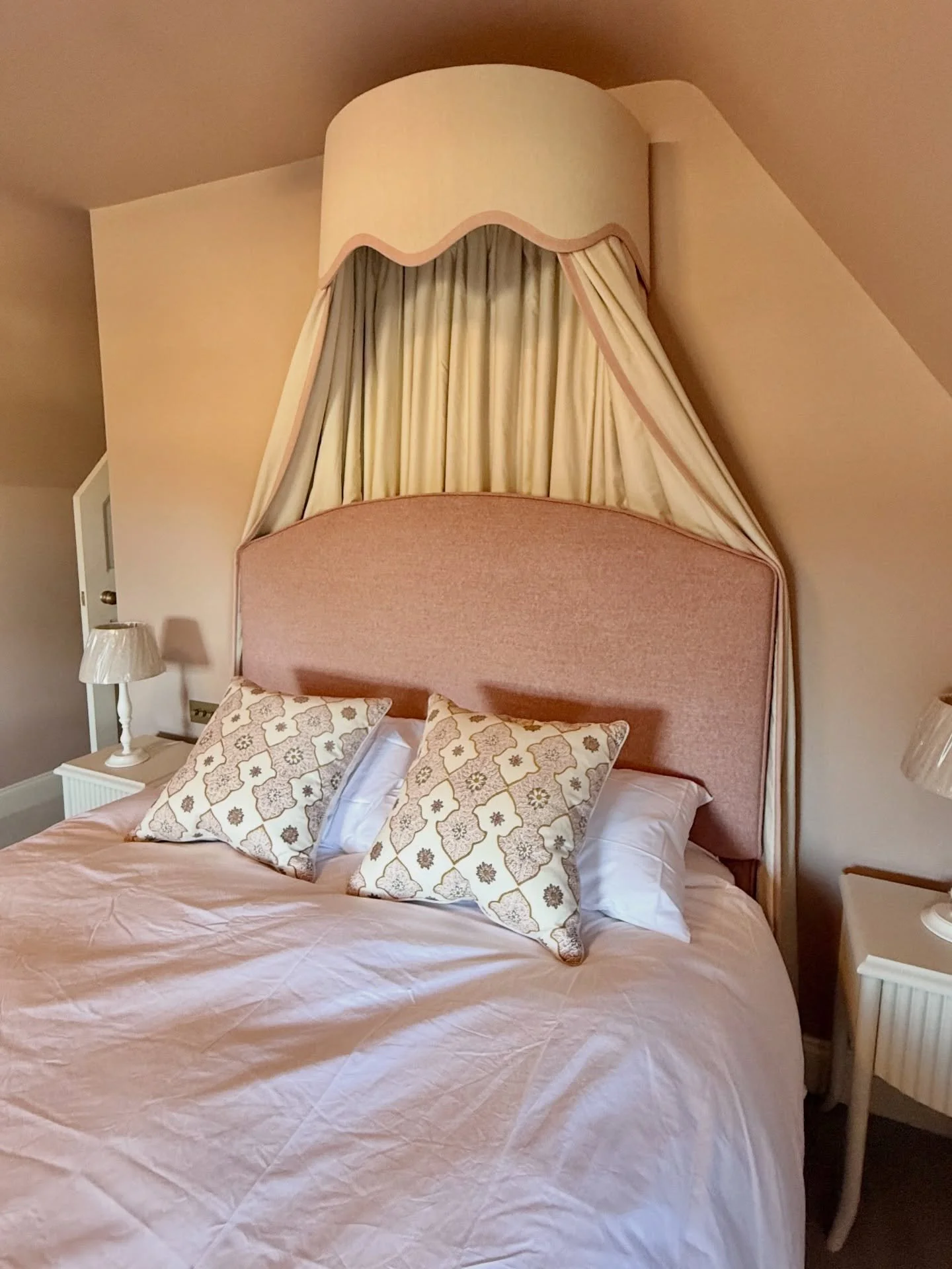 Another peek of one of the glorious beds we&rsquo;ve had the pleasure of designing and fabricating for our Newmarket project. Our head seamtress Debbie&rsquo;s incredible craftsmanship shines in this intricate scalloped coronet and curtain with contr